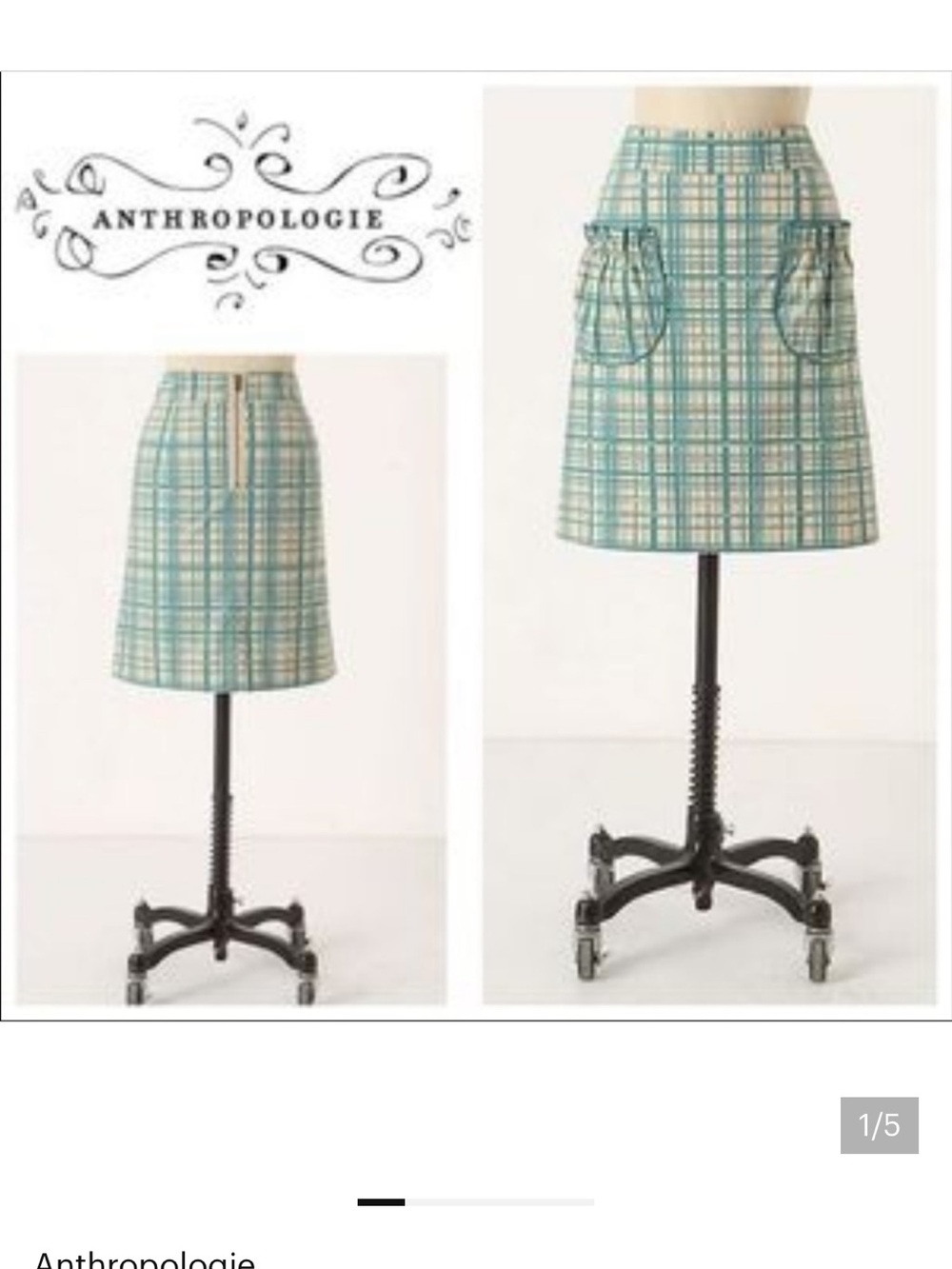 Teal green and Beige Plaid A-Line knee length Skirt with Front Pockets